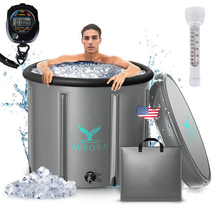 Aurora XL Ice Bath Tub For Up To 6'7 - Heavy Duty Upgraded Ice Bath, Ice Plunge Tub - Thermometer & Timer Included - Inflatable Ice Bath - Grey, Portable Ice Bath, Ice Tubs for Cold Plunge